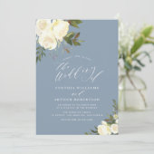 Invitation mariage blanc vert fleuri bleu poussiéreux (Debout devant)