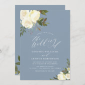 Invitation mariage blanc vert fleuri bleu poussiéreux (Devant / Derrière)