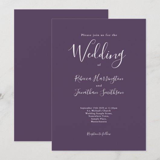 Invitation Mariage blanc violet moderne minimal (Devant / Derrière)