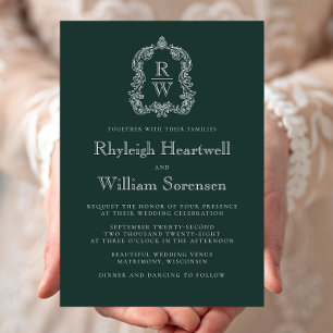 Invitation Mariage Blason Monogramme Vert Forêt Classique