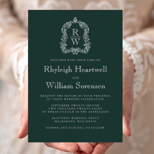 Invitation Mariage Blason Monogramme Vert Forêt Classique