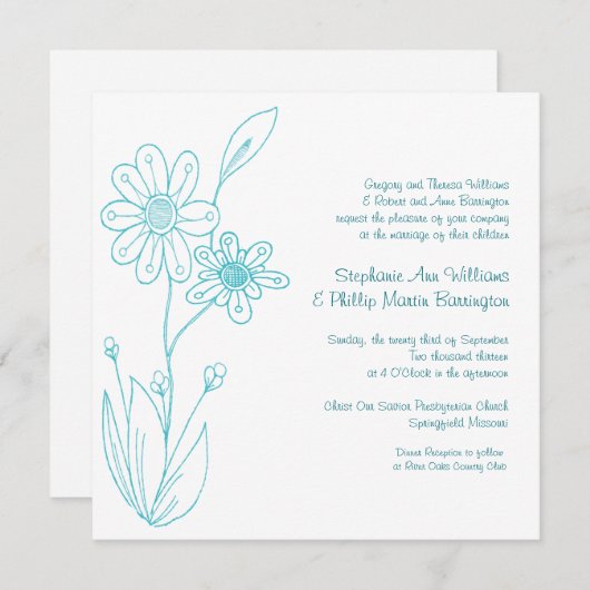 Invitation Mariage Bleu Aqua à fleurs simples (Devant / Derrière)