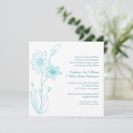 Invitation Mariage Bleu Aqua à fleurs simples (Debout devant)