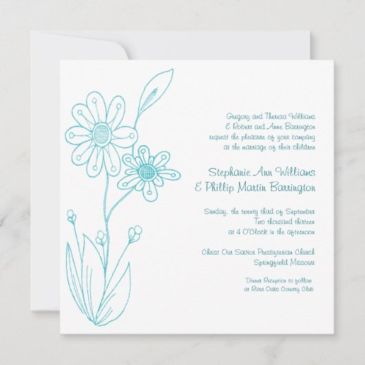 Invitation Mariage Bleu Aqua à fleurs simples (Devant)