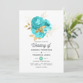 Invitation Mariage bleu Aqua et or Floral (Debout devant)