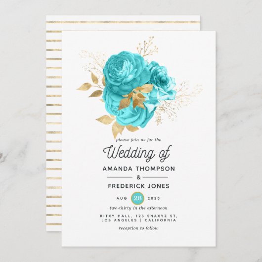 Invitation Mariage bleu Aqua et or Floral (Devant / Derrière)