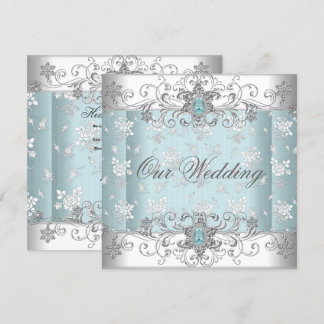 Invitation Mariage Bleu Argent Blanc Diamant Broderie
