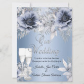 Invitation Mariage Bleu Argent Bouquet Floral Champagne (Devant)