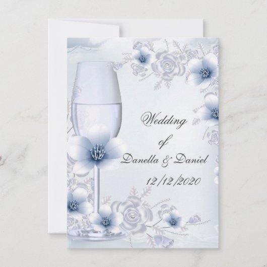 Invitation Mariage Bleu Argent roses floraison (Devant)