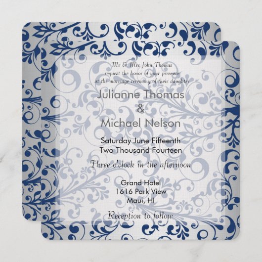Invitation Mariage bleu argenté (Devant / Derrière)