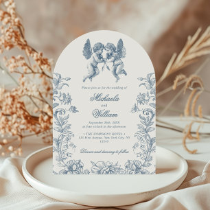 Invitation Mariage bleu aux chérubins et fleurs style Rococo