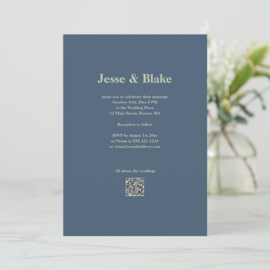 Invitation Mariage bleu avec Motif en lattes (Debout devant)