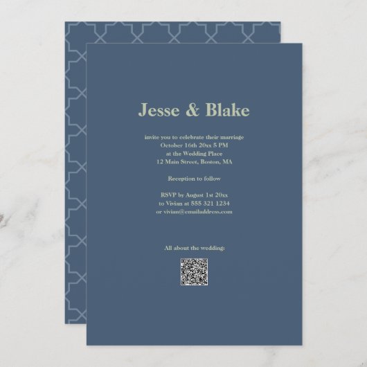 Invitation Mariage bleu avec Motif en lattes (Devant / Derrière)