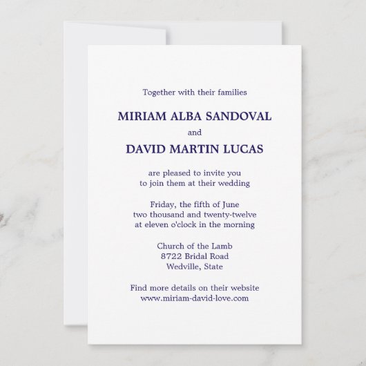 Invitation Mariage bleu bilingue minimaliste (Devant)