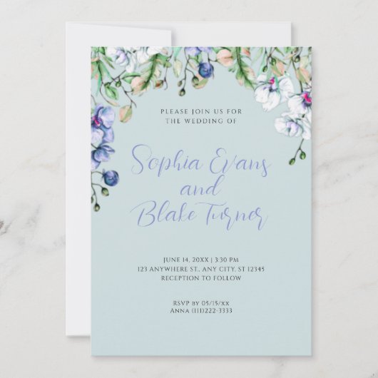 Invitation Mariage bleu, blanc et vert Floral moderne (Devant)