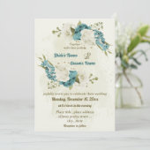 Invitation mariage bleu blanc fleurs verdure (Debout devant)