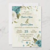 Invitation mariage bleu blanc fleurs verdure (Devant)