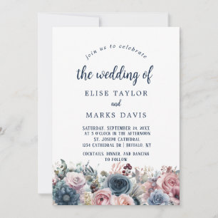 Invitation Mariage bleu bleu bleu bleu rose Roses