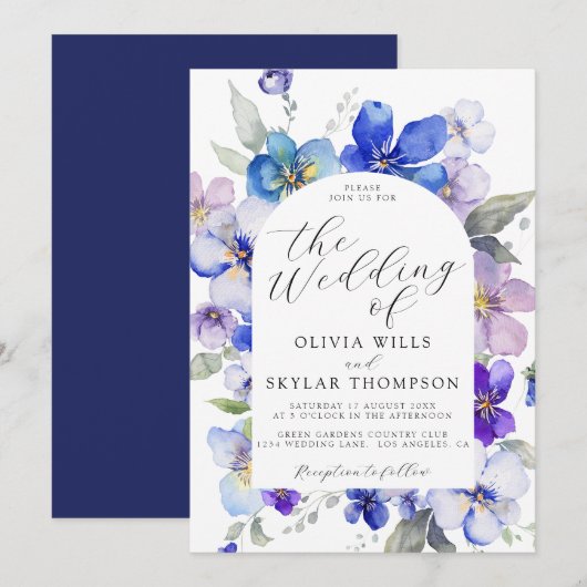 Invitation Mariage bleu bleu violet mauve rose marine (Devant / Derrière)