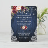 Invitation Mariage Bleu Bois Bourgogne Lumières Florales Dent (Debout devant)