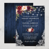 Invitation Mariage Bleu Bois Bourgogne Lumières Florales Dent (Devant / Derrière)
