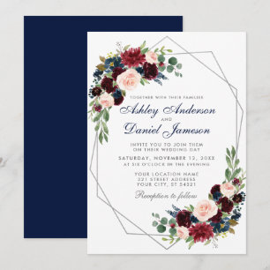 Invitation Mariage Bleu Bourgogne Floral Géométrique Argent