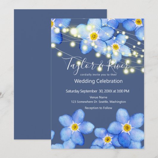Invitation Mariage Bleu Campagnard Forget-Me-Nots (Devant / Derrière)