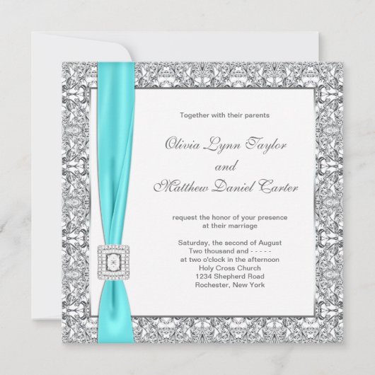 Invitation Mariage Bleu Canard et Argent (Devant)