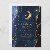 Invitation Mariage bleu céleste de minuit étoiles Lune (Devant)