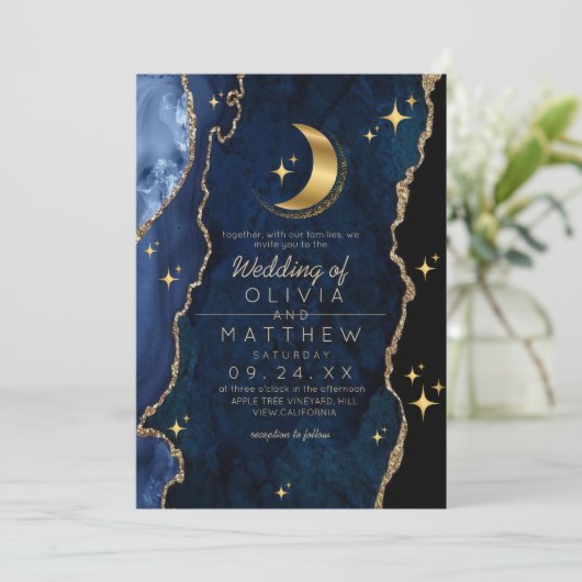 Invitation Mariage bleu céleste de minuit étoiles Lune (Debout devant)