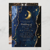 Invitation Mariage bleu céleste de minuit étoiles Lune (Devant / Derrière)
