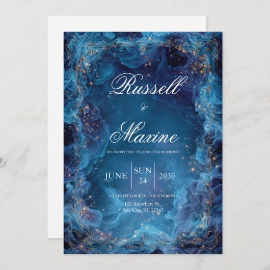 Invitation Mariage bleu céleste Nebula (Devant / Derrière)