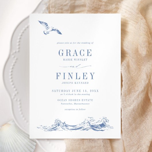 Invitation Mariage bleu chic côtier élégant moderne