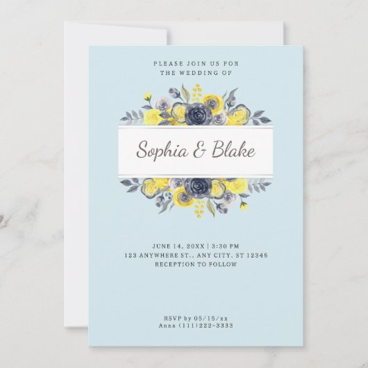 Invitation Mariage bleu clair à cadre fleuri jaune et bleu (Devant)