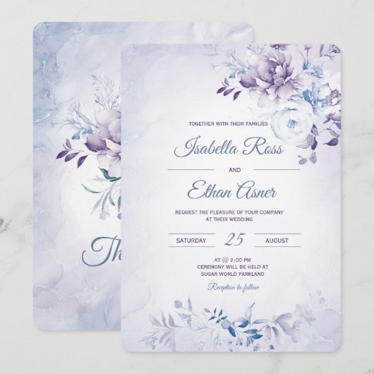 Invitation Mariage Bleu Clair et Lavande (Devant / Derrière)
