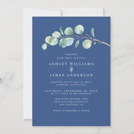 Invitation Mariage bleu classique simple Eucalyptus Foliage (Devant)