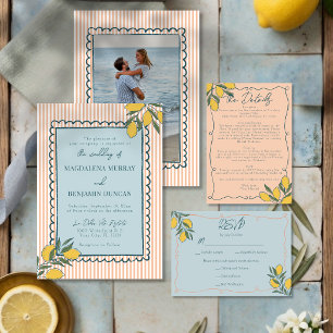 Invitation Mariage bleu côtier à rayures pêche citron italien