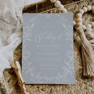 Invitation Mariage bleu d'art de ligne victorienne rococo vin