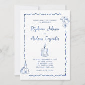 Invitation Mariage bleu de Cobalt illustré en blanc (Devant)