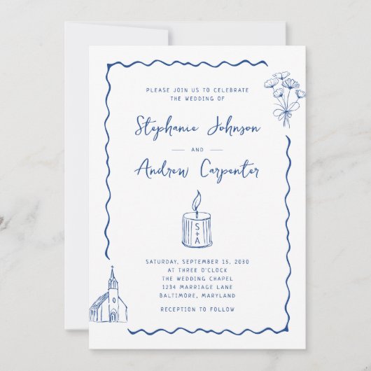 Invitation Mariage bleu de Cobalt illustré en blanc (Devant)