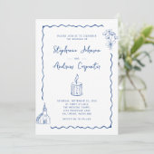 Invitation Mariage bleu de Cobalt illustré en blanc (Debout devant)