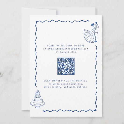 Invitation Mariage bleu de Cobalt illustré en blanc (Dos)