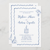 Invitation Mariage bleu de Cobalt illustré en blanc (Devant / Derrière)