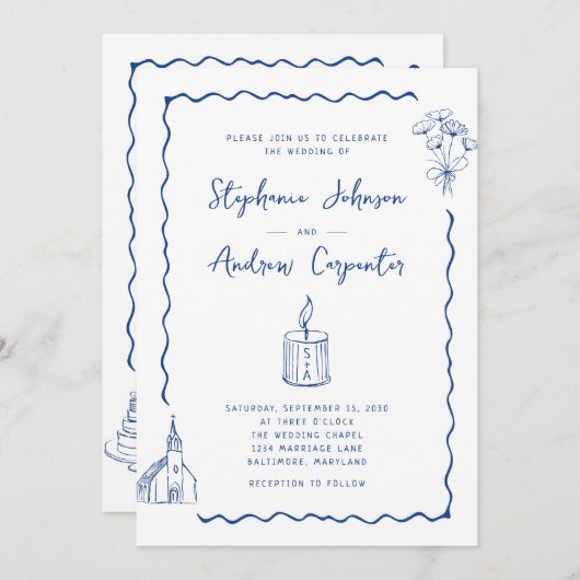 Invitation Mariage bleu de Cobalt illustré en blanc (Devant / Derrière)