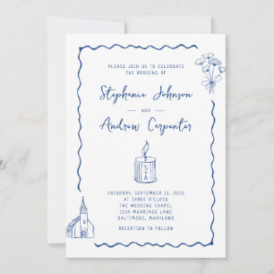 Invitation Mariage bleu de Cobalt illustré en blanc