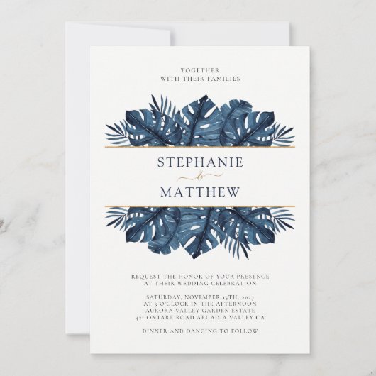 Invitation Mariage bleu de la marine de la Marine tropicale (Devant)