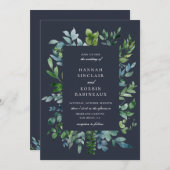 Invitation Mariage bleu de la marine en feuillage rustique (Devant / Derrière)