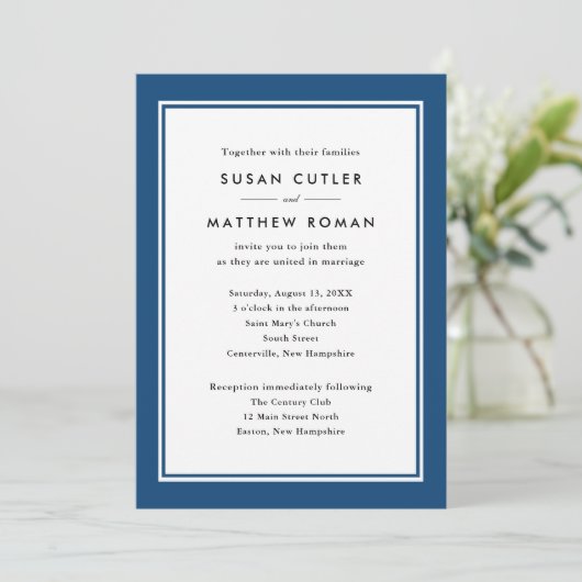 Invitation Mariage bleu de la marine frontalière classique (Debout devant)