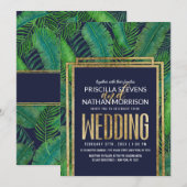 Invitation Mariage bleu de la marine Gold Navy Tropical Palm (Devant / Derrière)