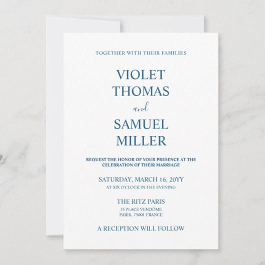 Invitation Mariage bleu de luxe minimaliste (Devant)